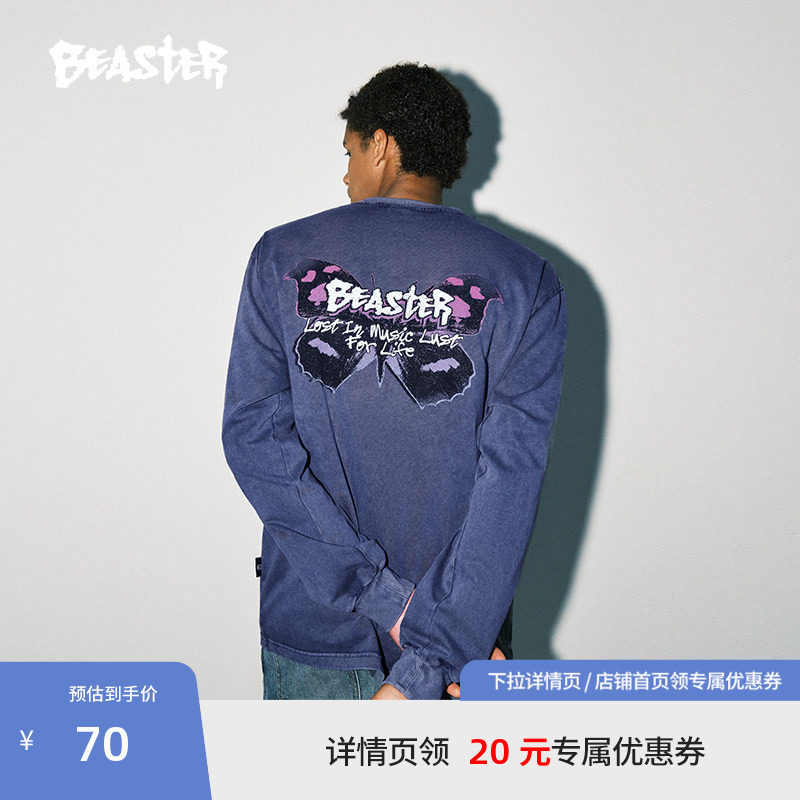 BEASTER做旧蝴蝶长袖T恤男生23新品无性别美式户外潮牌重磅体恤女										