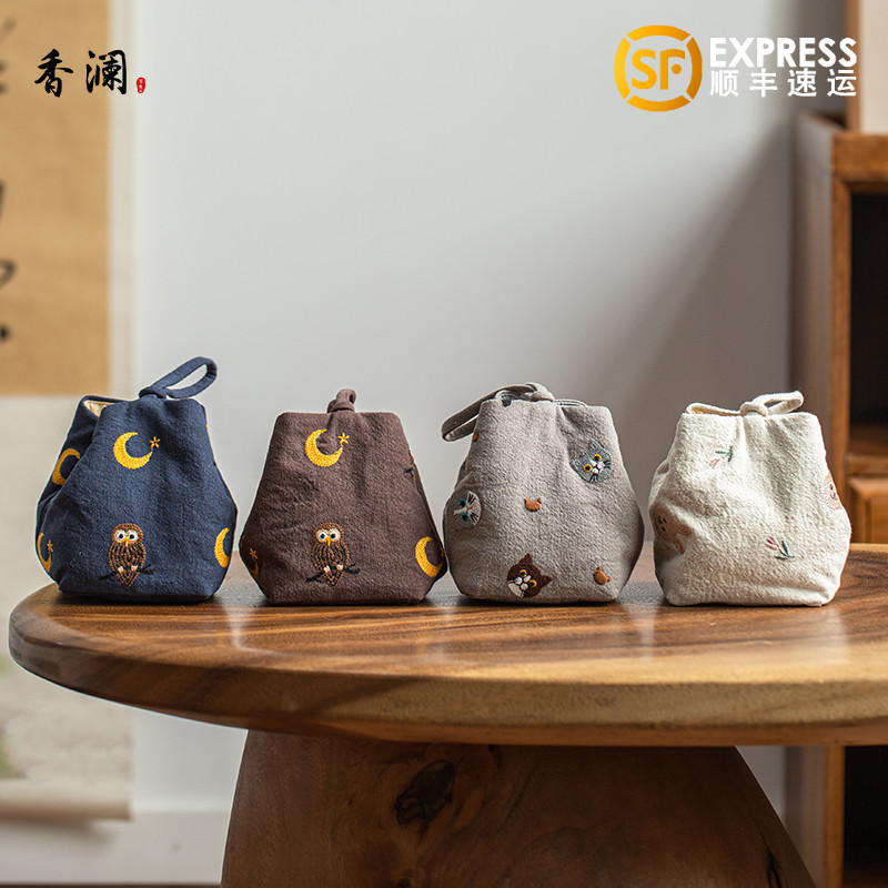 手工刺绣可爱风加厚茶具收纳袋
