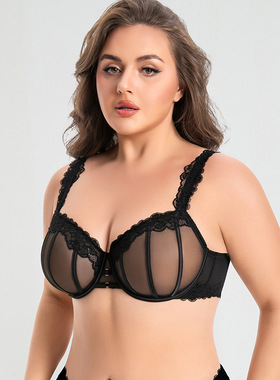 欧美超薄透明胸罩美肩透纱大杯文胸女大胸显小透气内衣有钢圈H95J