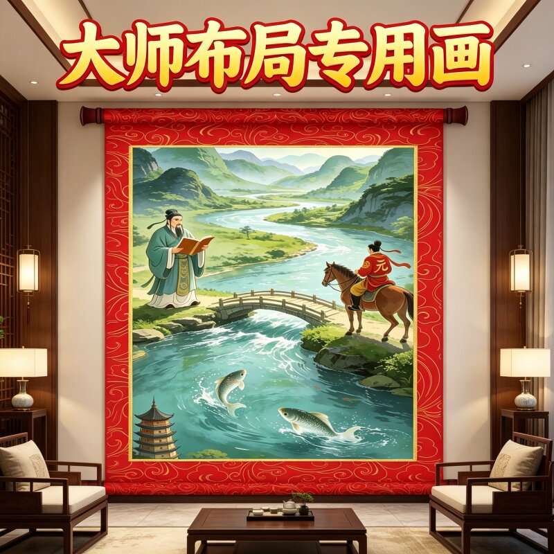 新中式金色锦鲤山水墙饰画免费