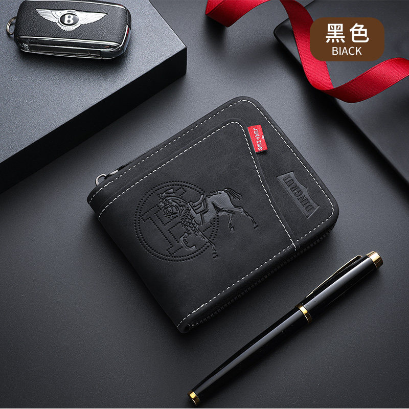 娇雪兰新款高贵感个性马元素短款男士钱包百搭拉链时尚卡包零钱袋