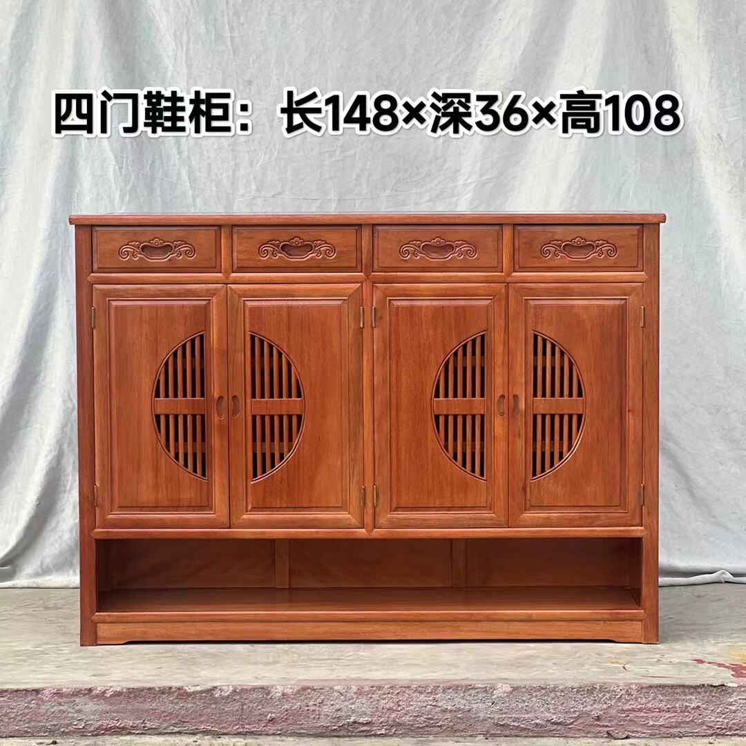 新中式红木实木鞋柜菠萝格木门厅柜实木门口收纳柜素面四门储物柜