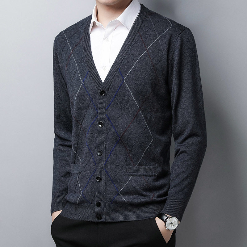 2025 Full Wool Cardigan Men's Knitted V-neck Sweater Jacket