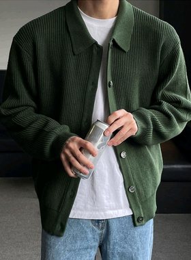 Early Dark Green Lapel Sweater Cardigan Jacket Men's Korean