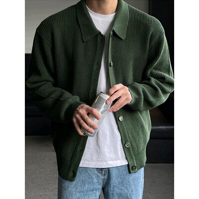 Early Dark Green Lapel Sweater Cardigan Jacket Men's Korean