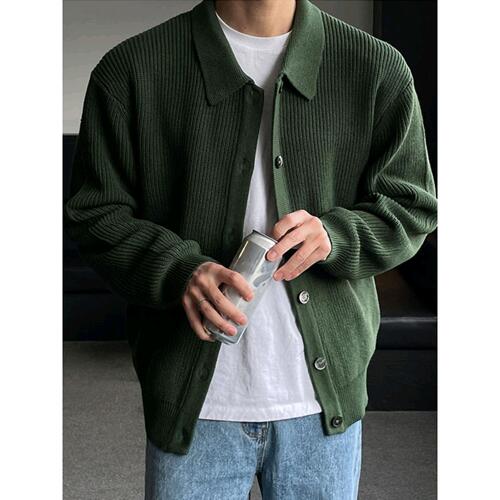 Early Dark Green Lapel Sweater Cardigan Jacket Men's Korean