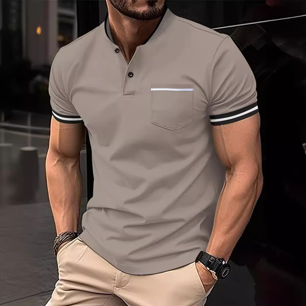 Spot 2025 Men's Short Sleeve Solid lor Stand llar Pocket Shi