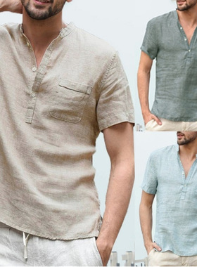 tton Linen Short-sleeved Men's T-shirt llar Buckle Half-plac
