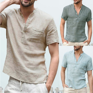 Buckle plac sleeved shirt Short Men Half tton llar Linen