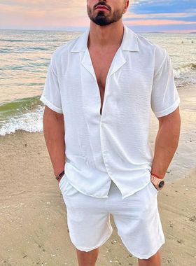 Summer en each Shirt oard Shorts Set Solid White Linen Shirt
