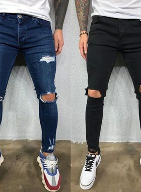 en Jeans nee ole ipped Sretch Skinny Denim ants Solid Color