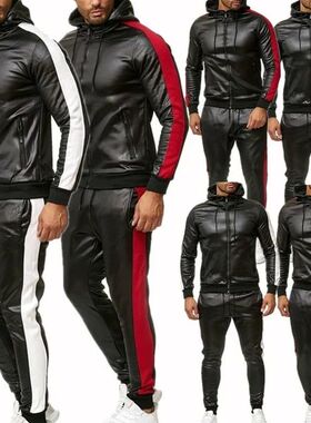 ew ens u Leather oodies Set Casual Sweatsuit ooded Jaet And