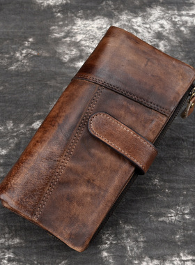 Retro Rubbed Cowhide Fashion Splicing Long Wallet Casual Mul