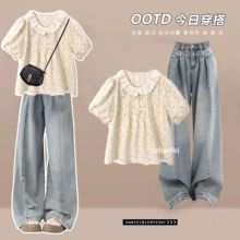 女童夏季套装2025新款碎花短袖洋气时髦初中大童炸街牛仔裤韩版潮