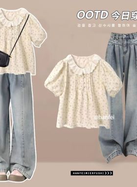 女童夏季套装2026新款碎花短袖洋气时髦初中大童炸街牛仔裤韩版潮