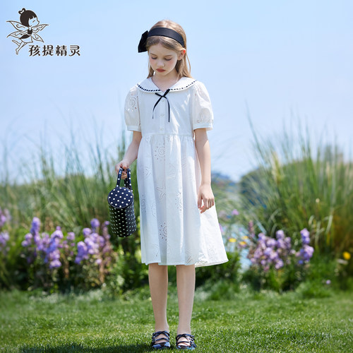 女童白色学院风纯棉连衣裙2026新款夏装中大童刺绣裙子儿童公主裙