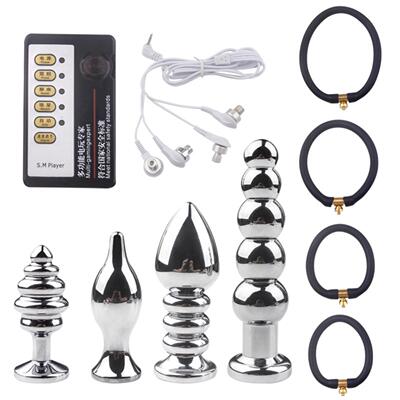 CMetal Pull Bead Electric Shock Back Anal Plug Wear Lock Rin