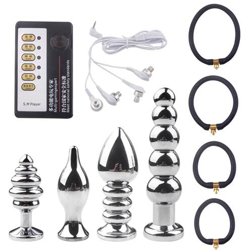 CMetal Pull Bead Electric Shock Back Anal Plug Wear Lock Rin