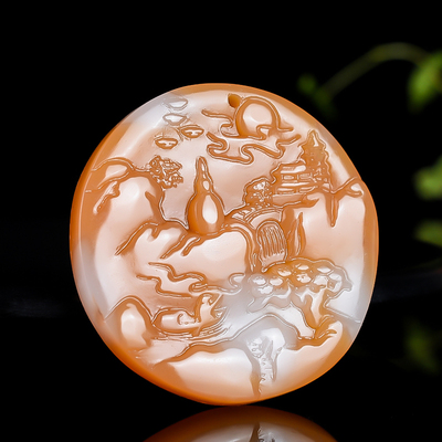 青峰玉业青山新疆和田玉糖白玉悟道山水意境山水桥渔翁太阳圆挂件