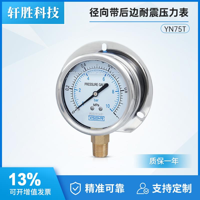 YN75T 1MPa/10bar船用径向带后边耐震压力表不锈钢外壳抗震压力表