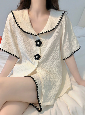 英国RMXJ 娃娃领云朵棉睡衣女款夏季纯色短袖两件套家居服薄款