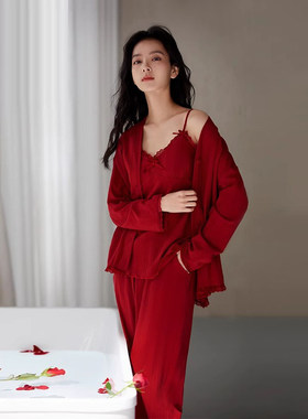 英国RMXJ 带胸垫睡衣女本命年红色新婚春秋纯棉长袖家居服三件套
