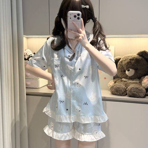英国RMXJ夏季新款小兔子丝绸睡衣可爱舒适卡通短袖短裤家居服