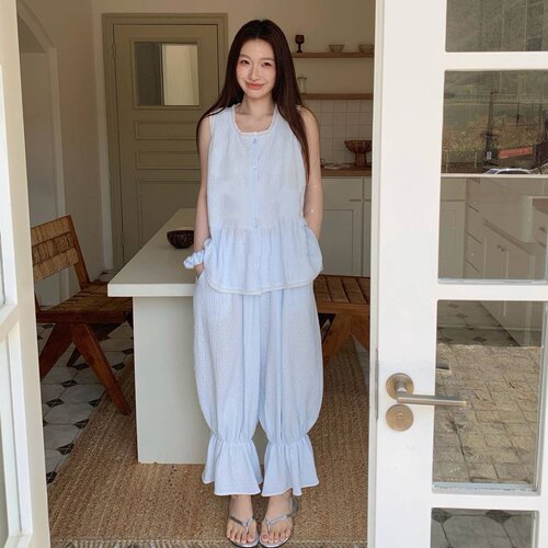 浅蓝纯棉提花纯棉纯棉睡衣春夏简约柔软无袖长裤家居服