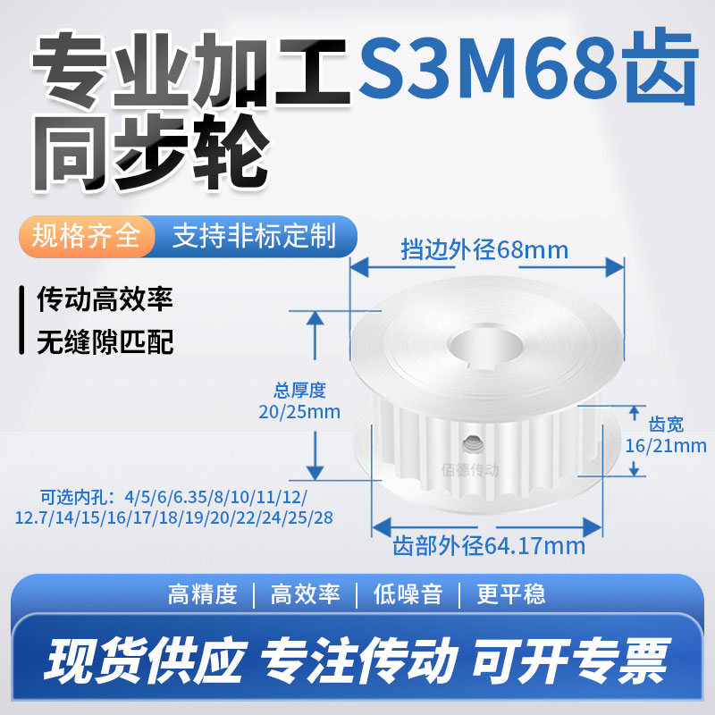 同步轮S3M68齿AF齿宽16/21内孔1415671819铝微型调节导向同步带轮