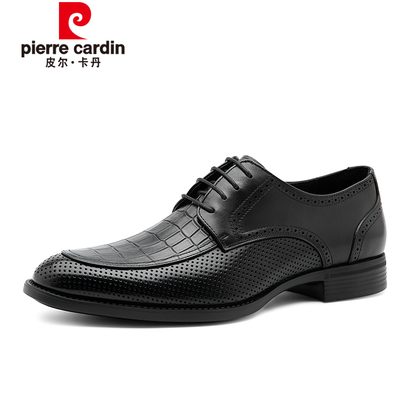 皮尔卡丹男鞋夏季真皮压花冲孔镂空透气轻便正装商务凉皮鞋男
