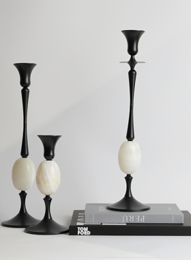 复古轻奢椭圆石头黑色金属烛台架装饰客厅玄关电视柜酒店售楼部