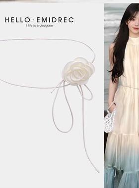 茶花腰炼女士花装饰带裙裙白腰绳细高端2025新款式