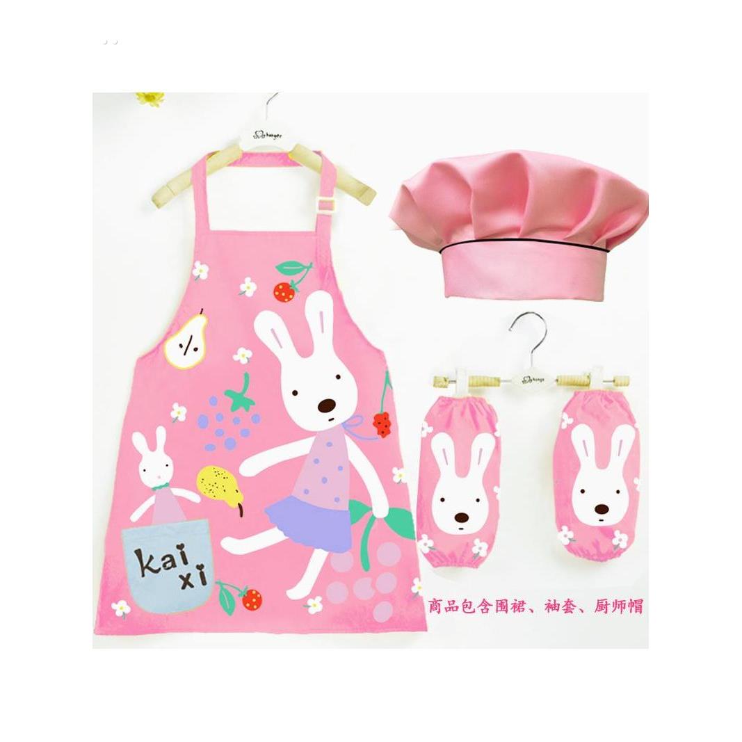 儿童防水围裙护袖套厨师帽护衣三件套装绘画画衣宝宝幼儿园吃饭衣