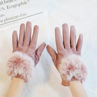 触控屏幕PU皮手套女兔毛冬保暖户外开车加绒骑行可爱毛绒加厚防水