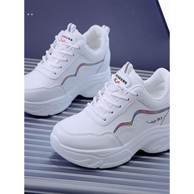 白色运动鞋2025年休闲潮厚底女ins春秋新款百搭老爹鞋皮面内增高