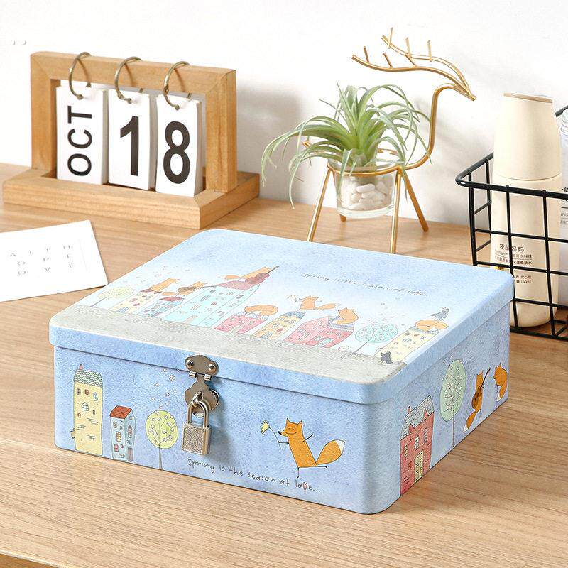 带锁钥匙收纳盒桌面首饰证件化妆品储物盒密码箱子家用铁盒子