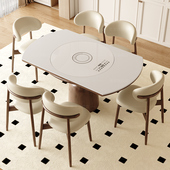座家岩板餐桌家用法式 覆古风可伸缩嵌入电磁炉转盘实木方变圆饭桌