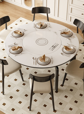 政府补贴座家岩板餐桌家用多功能法式复古伸缩方变圆实木智能转盘