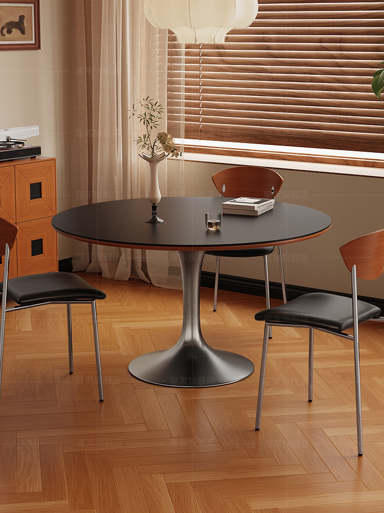 座家岩板圆餐桌家用小户型覆古风不锈钢新款包豪斯郁金香黑色饭桌