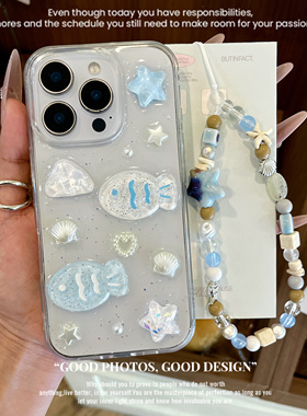 蓝色立体星星小鱼薄荷适用oppoReno14pro手机壳reno13 12 11pro滴胶reno10 9防摔8pro保护套reno7 6 5k软壳女