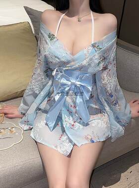 性感印花日系蝴蝶结情趣和服浴袍套装火辣制服床上诱惑晴趣内衣女