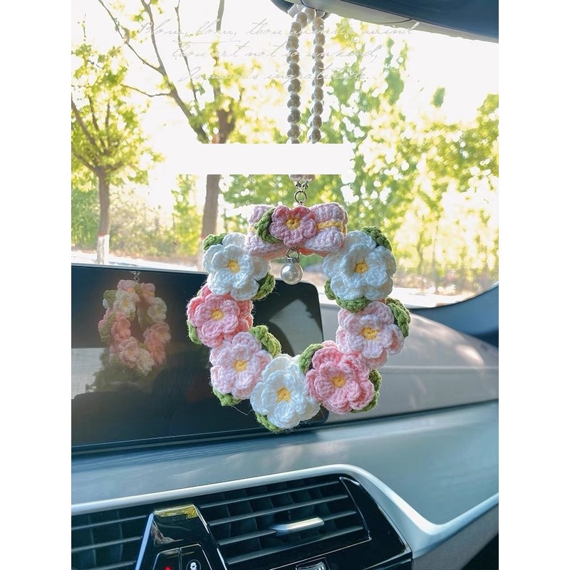 成品手工钩织山茶花环挂件毛线编织铃兰车挂编织钥匙扣包包挂饰件