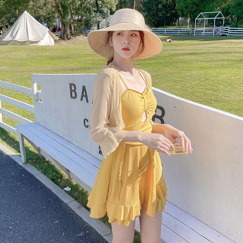泡温泉游泳衣女士连体保守遮肚显瘦长袖超仙ins微胖mm大码小胸装