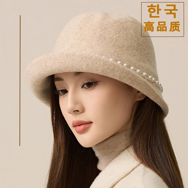 法式礼帽复古秋冬季卷边优雅珍珠圆顶渔夫帽女保暖小香风千金帽子