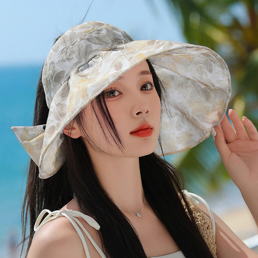 大帽檐遮阳帽蝴蝶结防晒帽女士透气花朵帽子大沿夏季空顶帽太阳帽