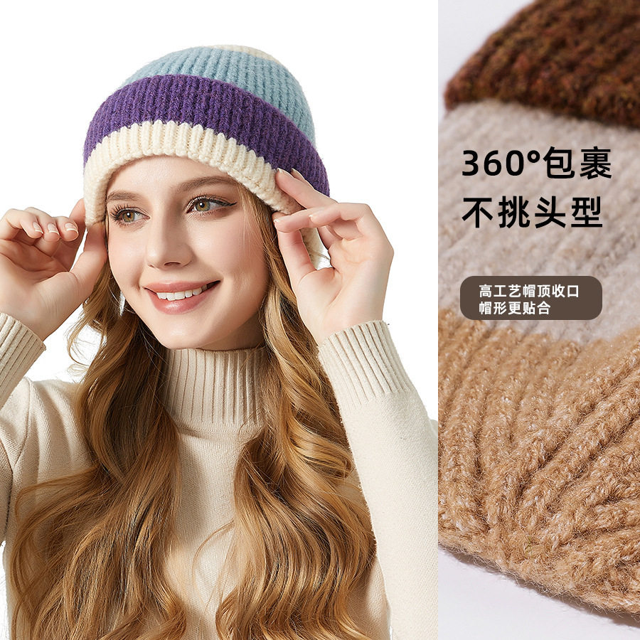 拼色针织帽秋冬季加厚保暖护耳帽子女士户外套头撞色粗线毛线帽男
