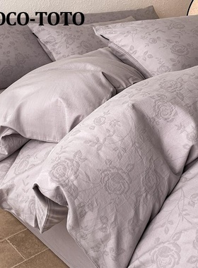 MOCO-TOTO双层纱纯棉床上用品四件套紫色提花被套床单床笠四季