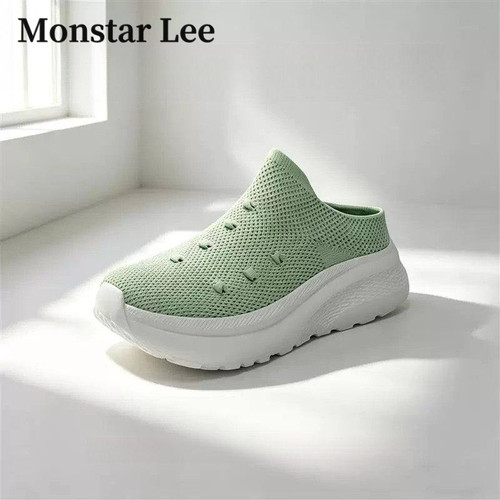 Monstar lee夏季男女宽头网面袜子鞋厚底增高包头一脚蹬半拖鞋子