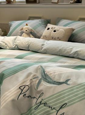 MOCO-TOTO四件套全棉纯棉2025年新款简约清新绿色条纹床单床笠