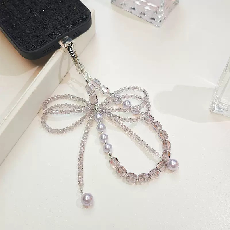 网红水晶蝴蝶结手机链珍珠新款串珠挂件链条钥匙扣挂链挂绳包包女